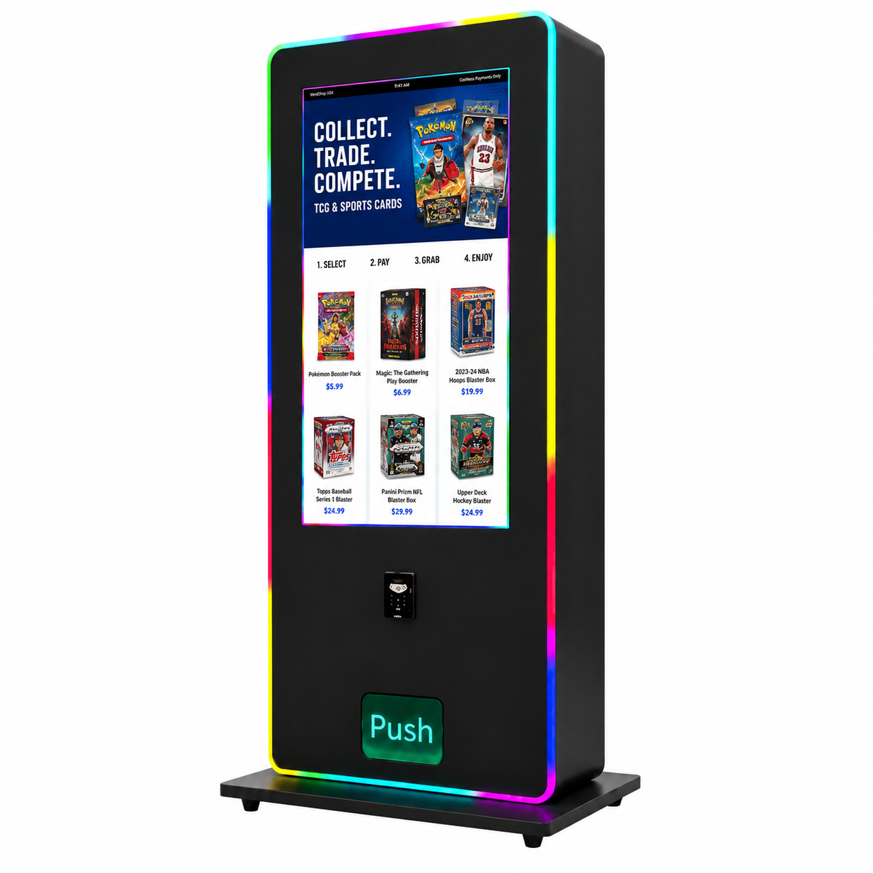 Floor-standing trading card vending machine with RGB lighting